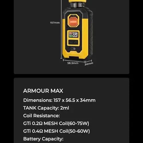 VAPORESSO ARMOUR Max Vape Kit specs